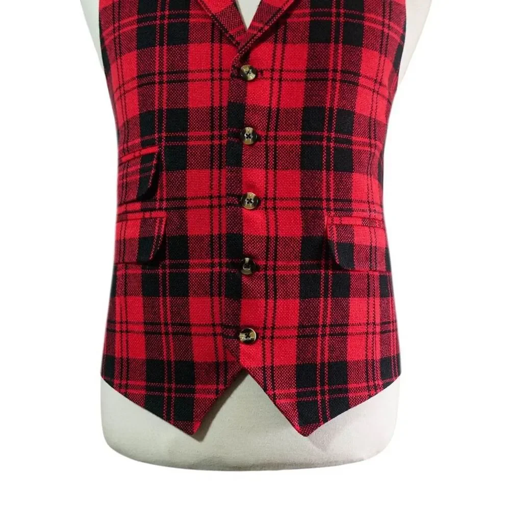 Mens 46R Wool Tartan Plaid Vest Red Black Waistcoat Formal Wedding Party Dress - Picture 4 of 8